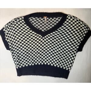Free People Checkerboard Knit Cropped Sweater Vest V-Neck XS Navy Cream